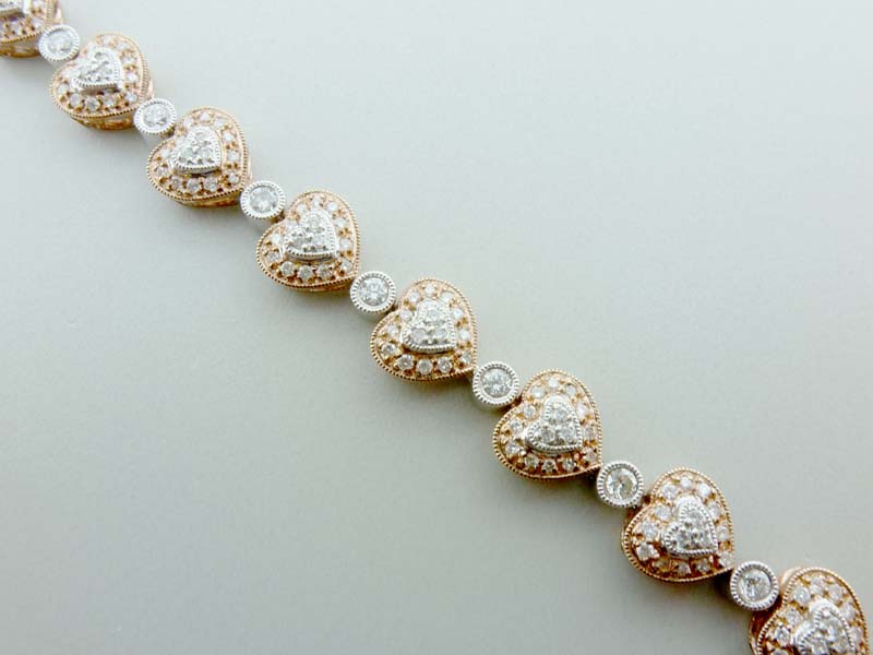 Diamond Heart Pattern Bracelet in 14Kt Rose and White Gold