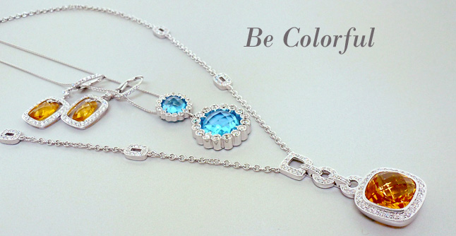 Blue Topaz and Diamond Double Circle Drop Pendant on Chain in 14Kt White Gold